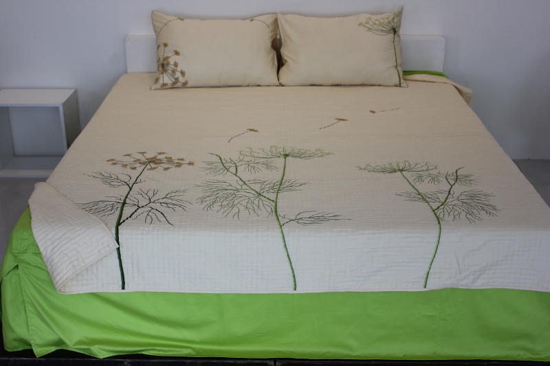 Bộ chăn chần vỏ gối thêu - Fennel Wind - kem / xanh cốm